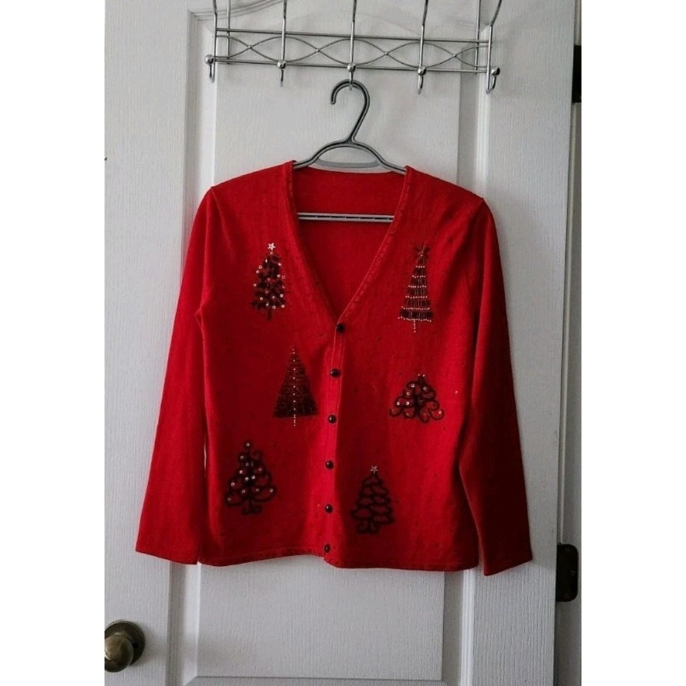 Vintage Womens Sweater Knit Cardigan Beaded Christmas Trees V-Neck  Buttons Sz L